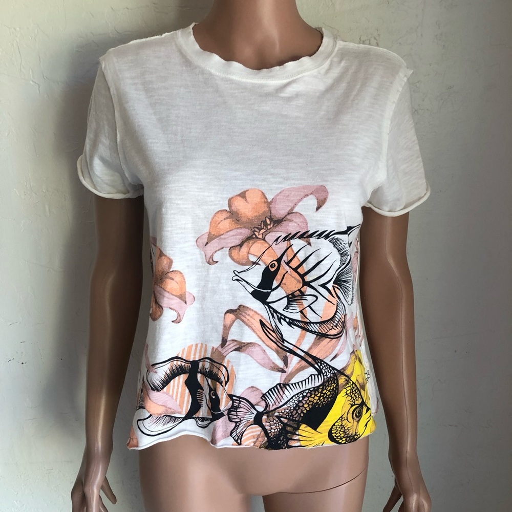 Anthropologie Maeve White Nautical Fish Graphic Short Sleeve Tee Women’s XXS